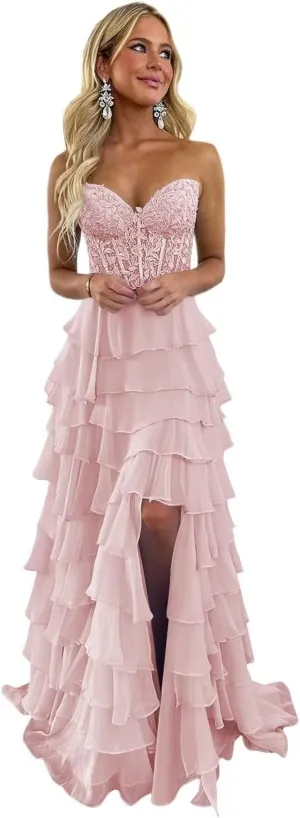 Strapless Lace Corset Prom Dresses with Slit 2025 Chiffon Tiered Ball Gowns Long Formal Evening Gowns XOD0446