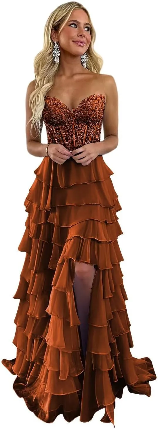 Strapless Lace Corset Prom Dresses with Slit 2025 Chiffon Tiered Ball Gowns Long Formal Evening Gowns XOD0446