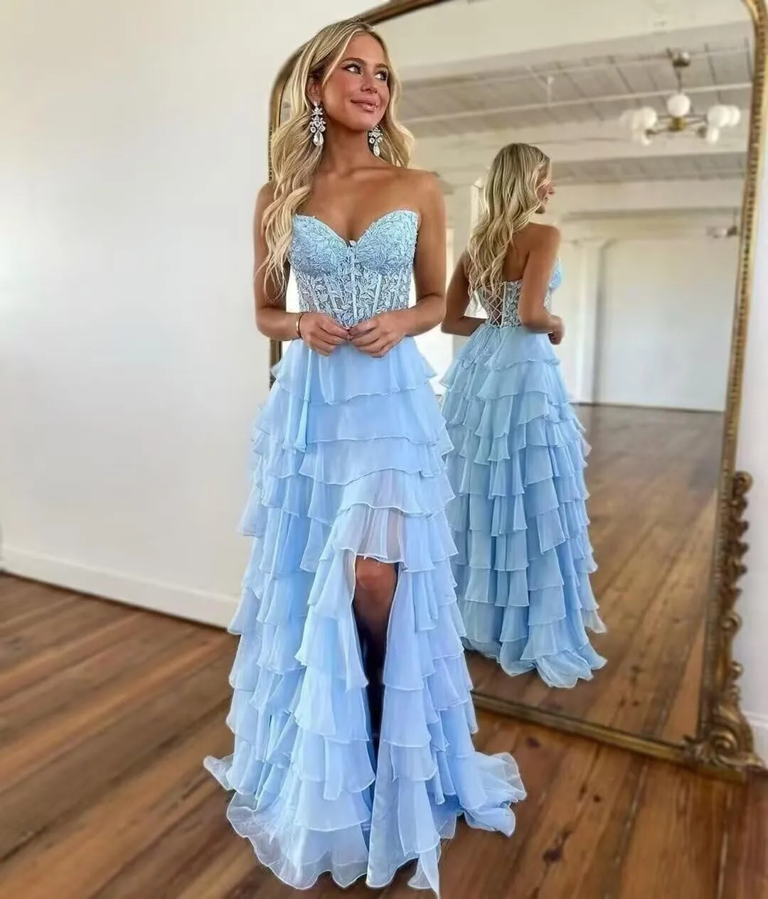 Strapless Lace Corset Prom Dresses with Slit 2025 Chiffon Tiered Ball Gowns Long Formal Evening Gowns XOD0446