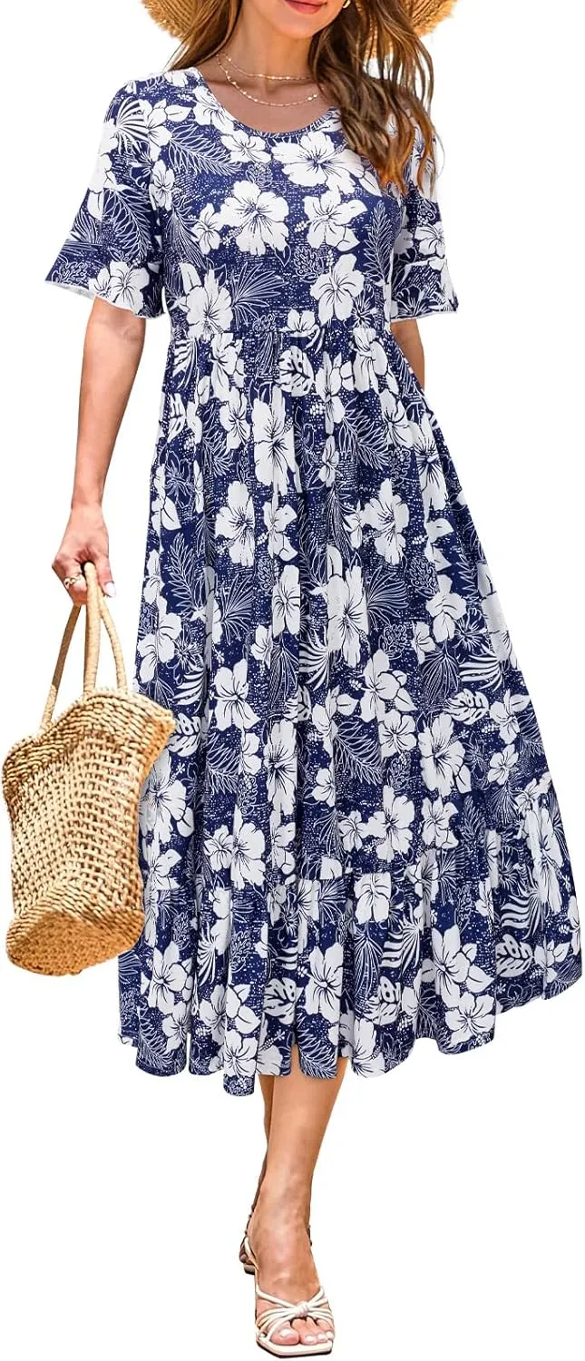 STYLEWORD Women's Summer 2025 Casual Short Sleeve Tiered Flowy Spring Dress Long Midi Beach Sundress Vacation Outfits