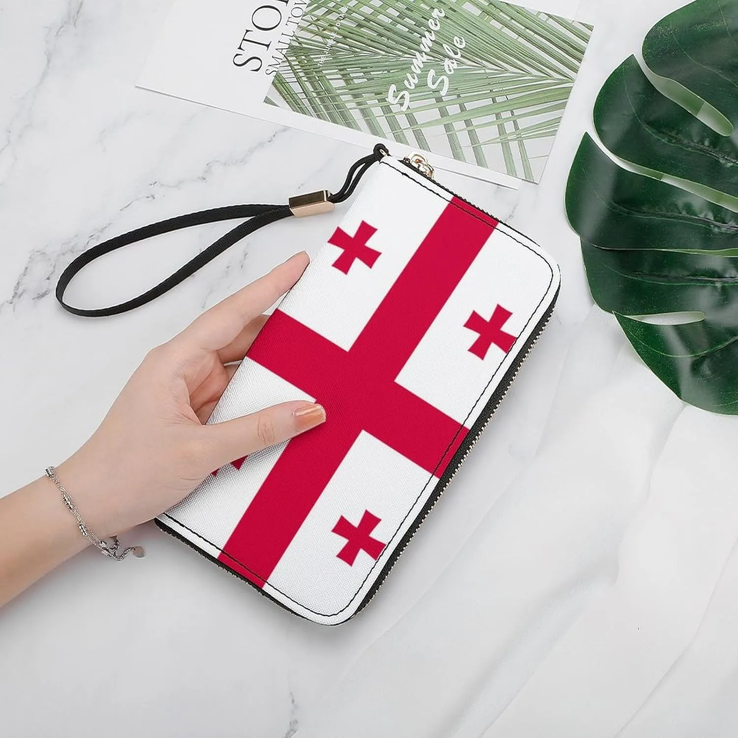 Stylish Women Men Zipper Long Purse Removable Wristlet PU Leather Wallet Travel Clutch, Georgia Flag