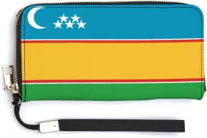 Stylish Women Men Zipper Long Purse Removable Wristlet PU Leather Wallet Travel Clutch, Karakalpakstan Flag