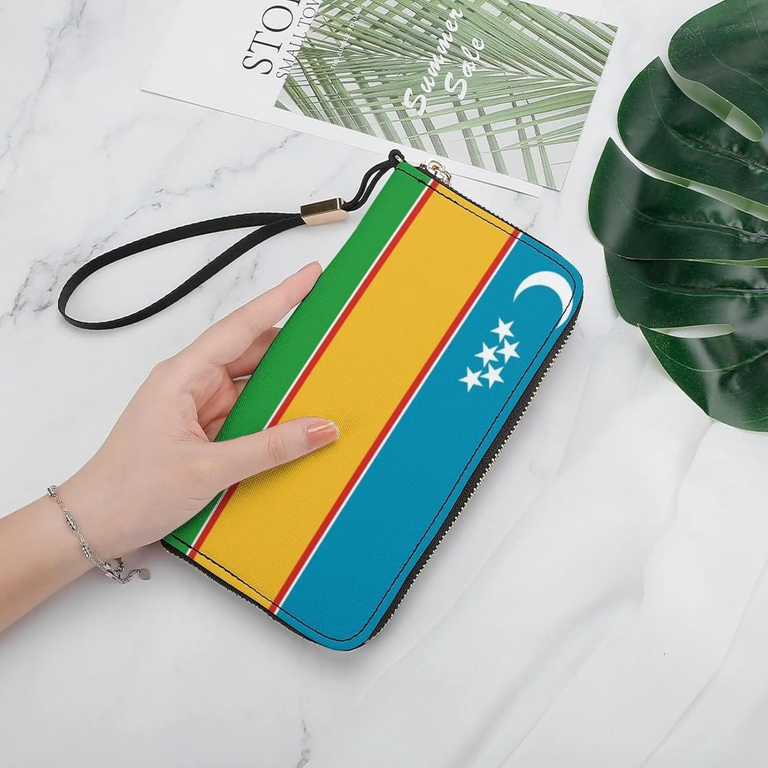 Stylish Women Men Zipper Long Purse Removable Wristlet PU Leather Wallet Travel Clutch, Karakalpakstan Flag