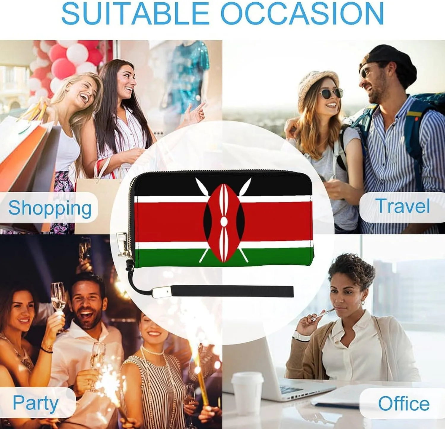 Stylish Women Men Zipper Long Purse Removable Wristlet PU Leather Wallet Travel Clutch, Kenya Flag
