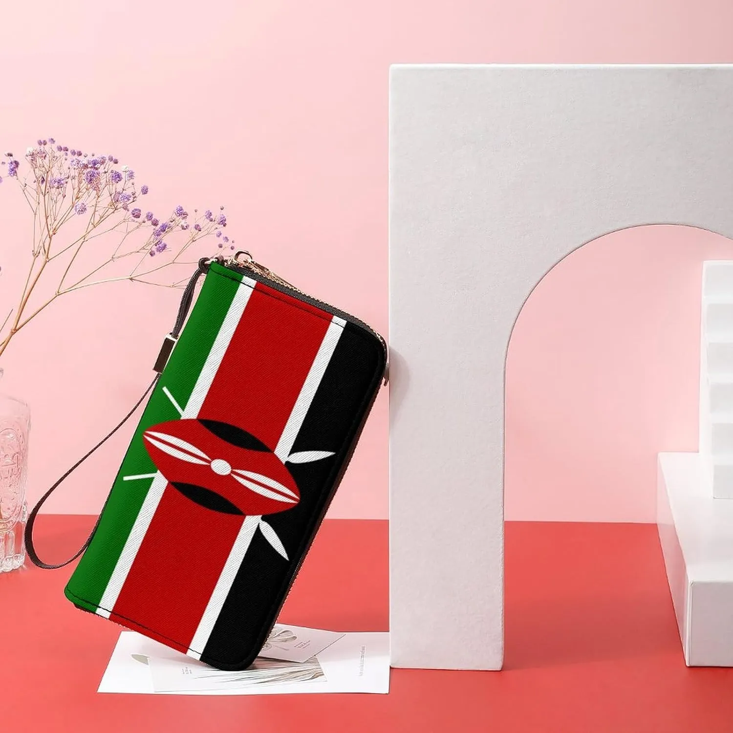 Stylish Women Men Zipper Long Purse Removable Wristlet PU Leather Wallet Travel Clutch, Kenya Flag