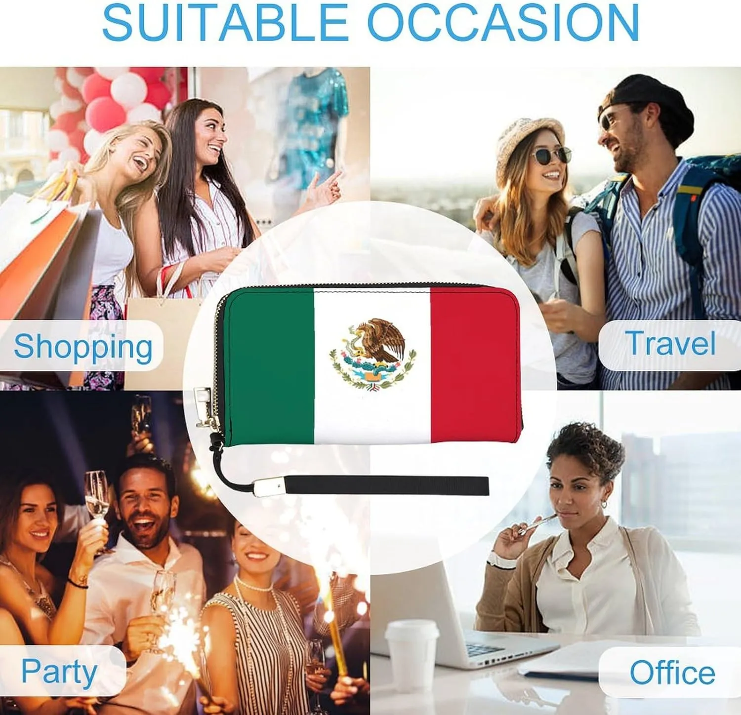 Stylish Women Men Zipper Long Purse Removable Wristlet PU Leather Wallet Travel Clutch, Mexican Flag