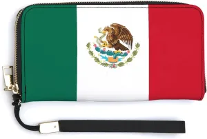 Stylish Women Men Zipper Long Purse Removable Wristlet PU Leather Wallet Travel Clutch, Mexican Flag
