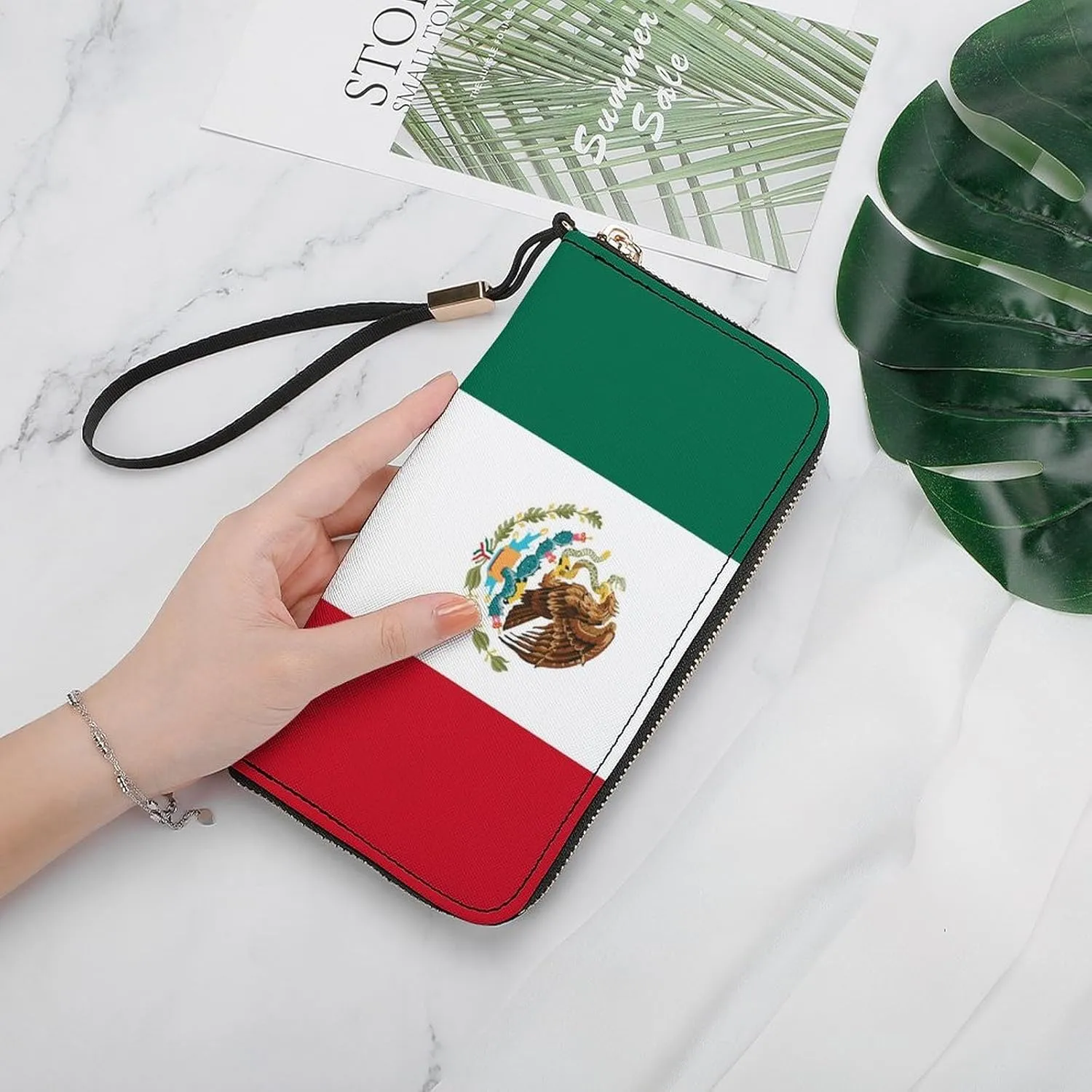 Stylish Women Men Zipper Long Purse Removable Wristlet PU Leather Wallet Travel Clutch, Mexican Flag