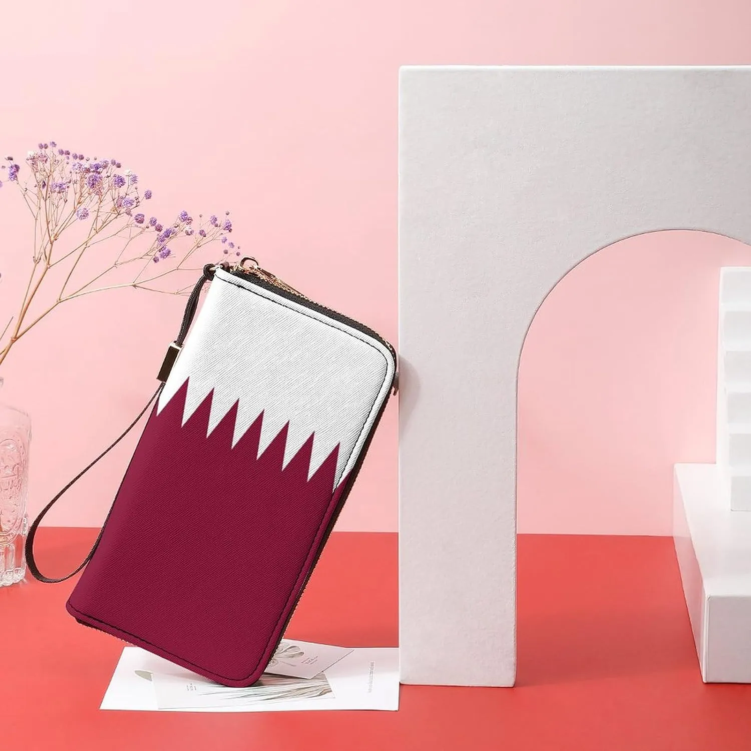 Stylish Women Men Zipper Long Purse Removable Wristlet PU Leather Wallet Travel Clutch, Qatar Flag