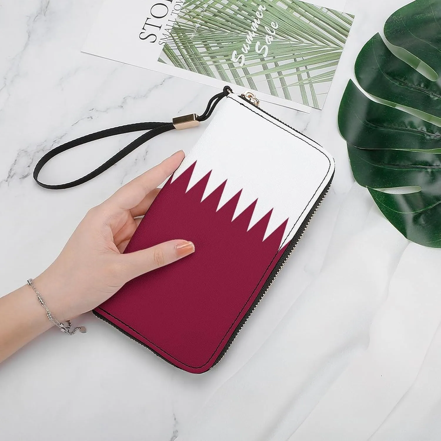 Stylish Women Men Zipper Long Purse Removable Wristlet PU Leather Wallet Travel Clutch, Qatar Flag