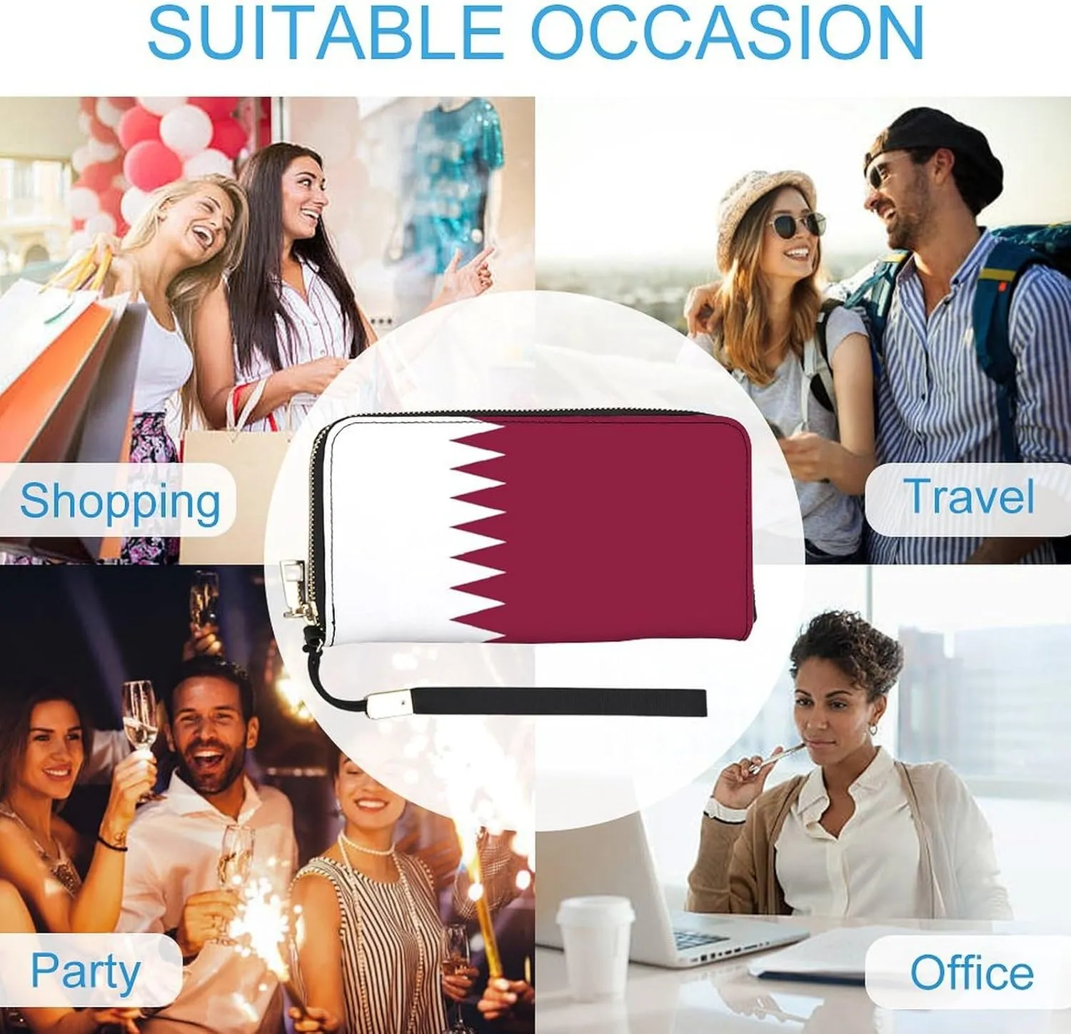 Stylish Women Men Zipper Long Purse Removable Wristlet PU Leather Wallet Travel Clutch, Qatar Flag