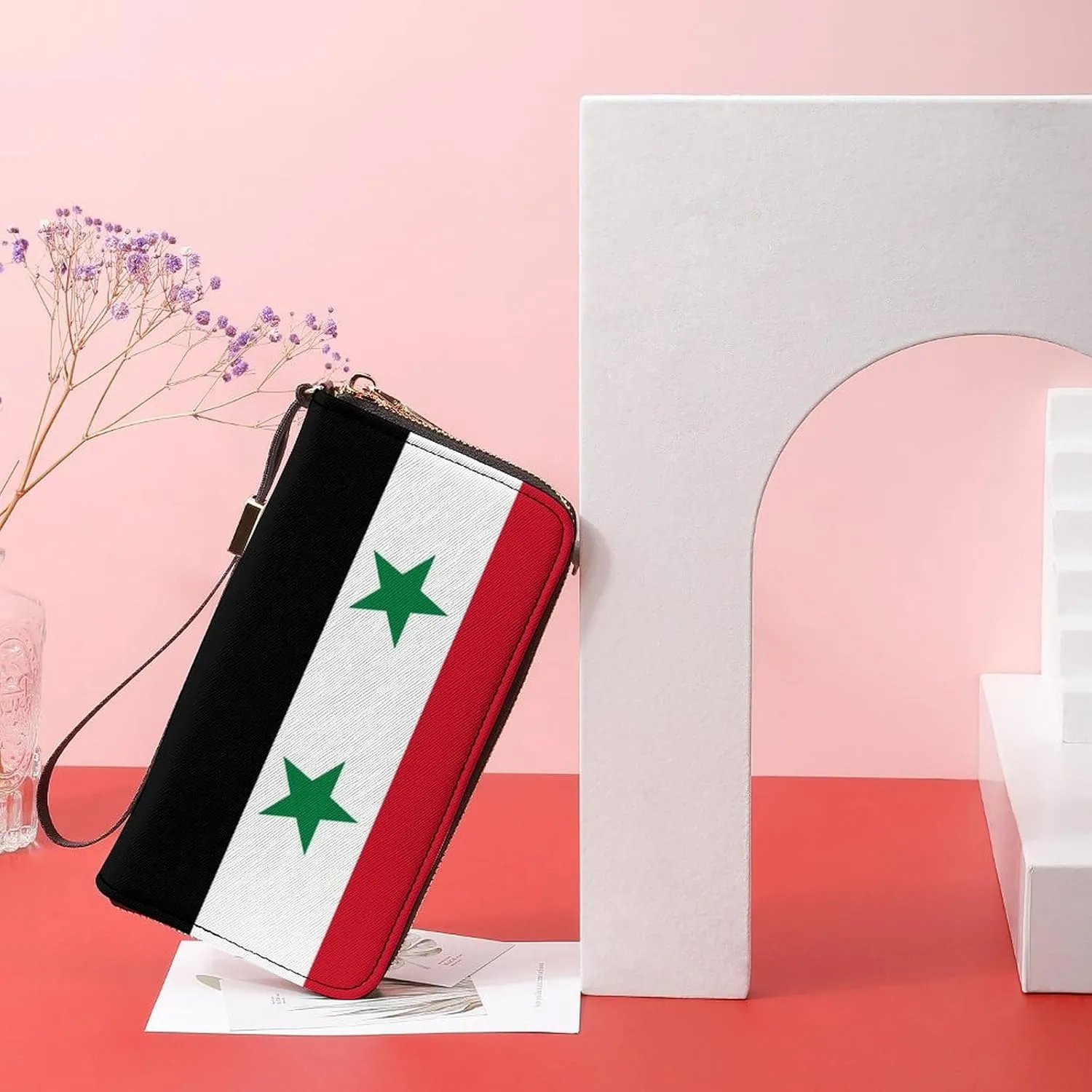 Stylish Women Men Zipper Long Purse Removable Wristlet PU Leather Wallet Travel Clutch, Syria Flag