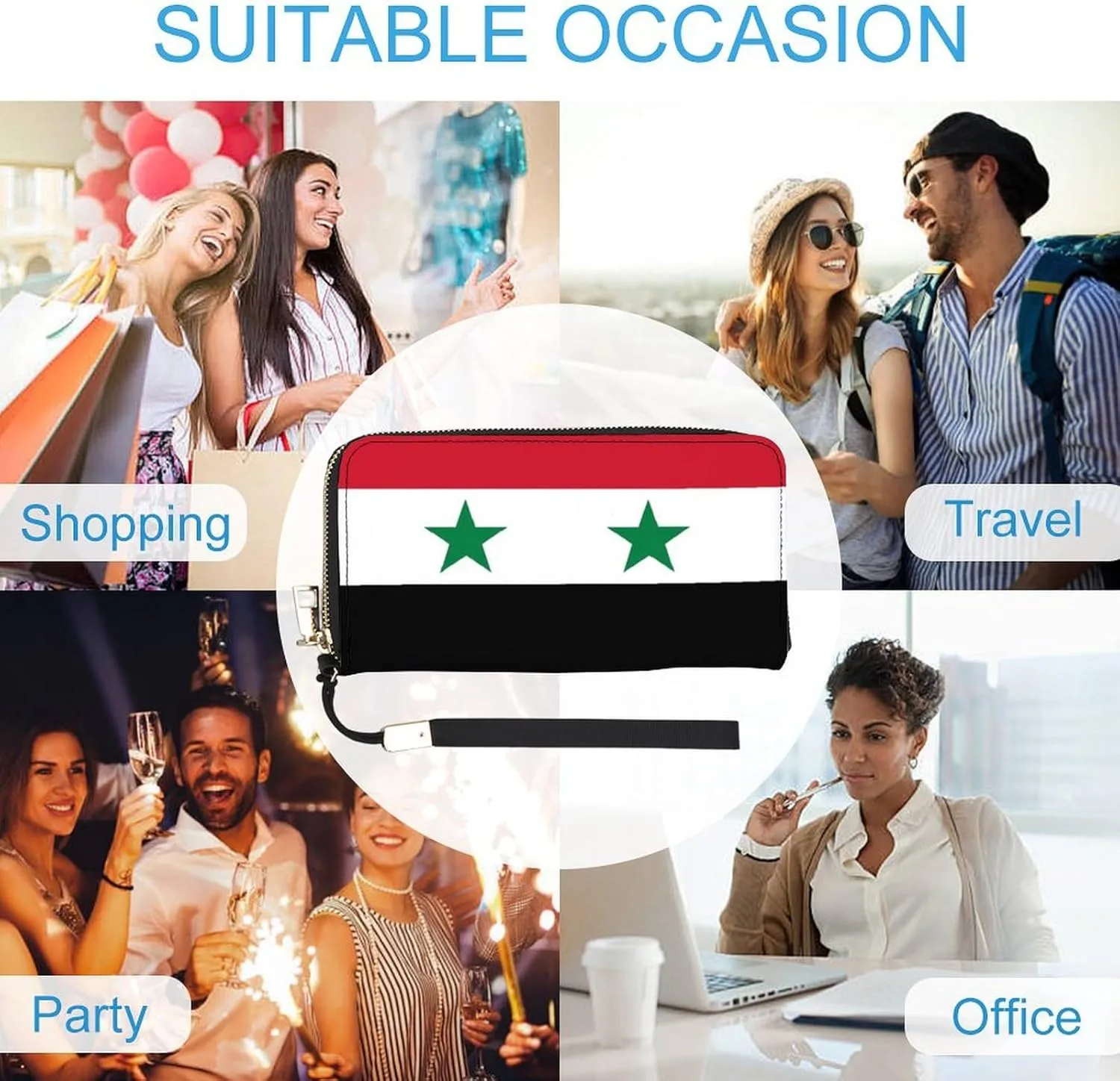 Stylish Women Men Zipper Long Purse Removable Wristlet PU Leather Wallet Travel Clutch, Syria Flag