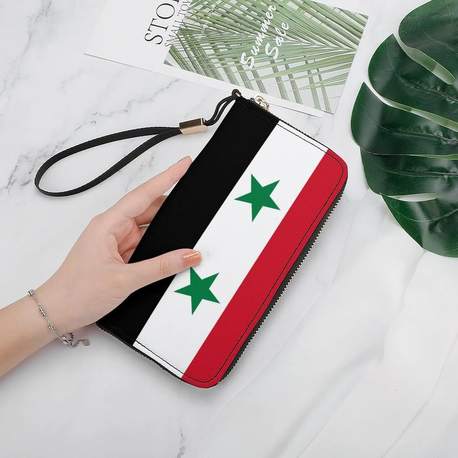 Stylish Women Men Zipper Long Purse Removable Wristlet PU Leather Wallet Travel Clutch, Syria Flag