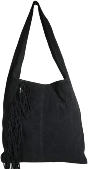 Suede Leather Hobo Bag with Fringe Detail, Black, Large Shoulder Tote