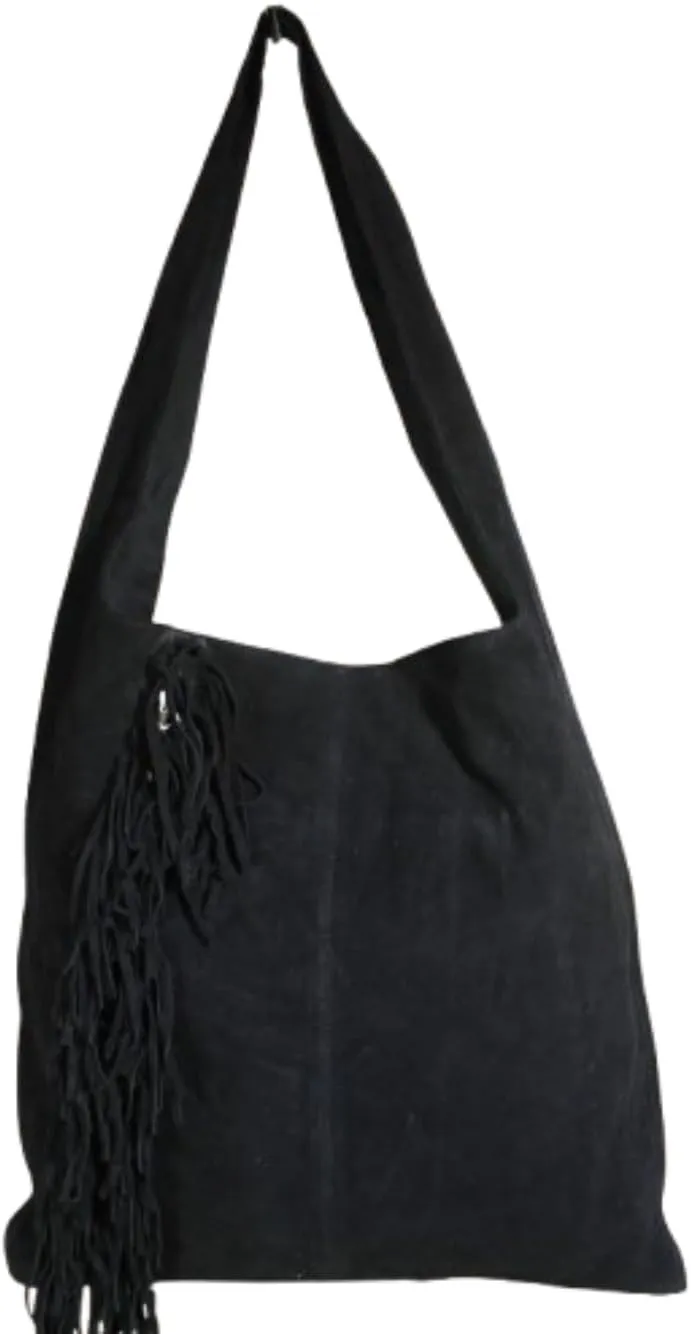 Suede Leather Hobo Bag with Fringe Detail, Black, Large Shoulder Tote