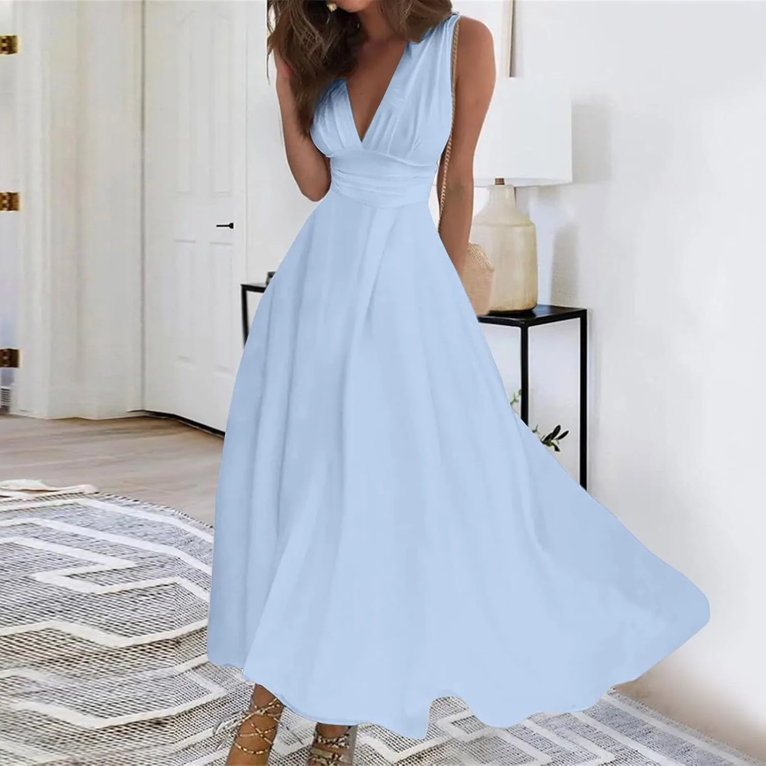 Summer Dresses for Women 2024 Floral Cold Shoulder Sleeve V Neck Holiday Dress Waist Retraction Ruffle Hem Gown Dresses