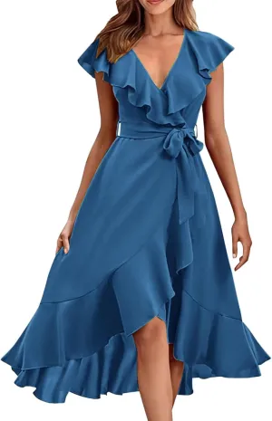 Summer Dresses for Women 2024,Casual Wrap Deep V Neck Midi Dress Boho Short Sleeve Ruffle Hem Beach Split Dresses