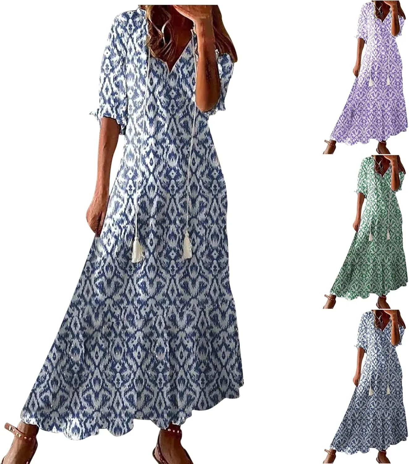 Summer Dresses for Women 2025 Boho Floral Print Long Dress Plus Size Maxi Sundress Flowy Beach Vacation Dress Outfits