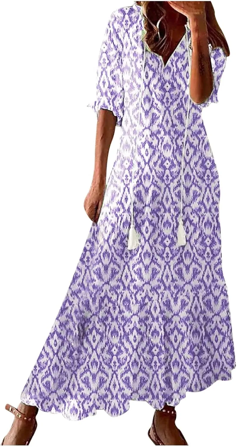 Summer Dresses for Women 2025 Boho Floral Print Long Dress Plus Size Maxi Sundress Flowy Beach Vacation Dress Outfits