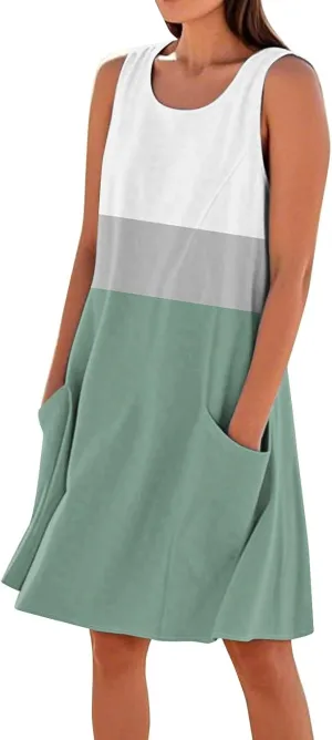 Summer Dresses for Women 2025 Crewneck Sleeveless Cotton Linen Tank Dress Beach Vacation Sundresses with Pockets