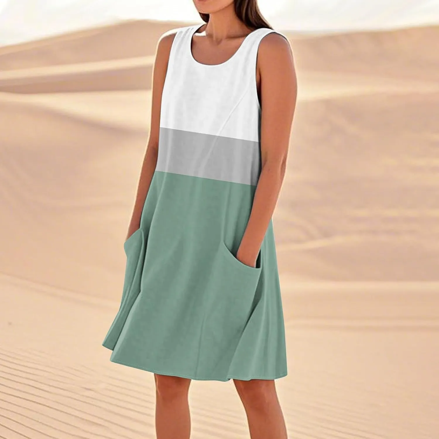 Summer Dresses for Women 2025 Crewneck Sleeveless Cotton Linen Tank Dress Beach Vacation Sundresses with Pockets