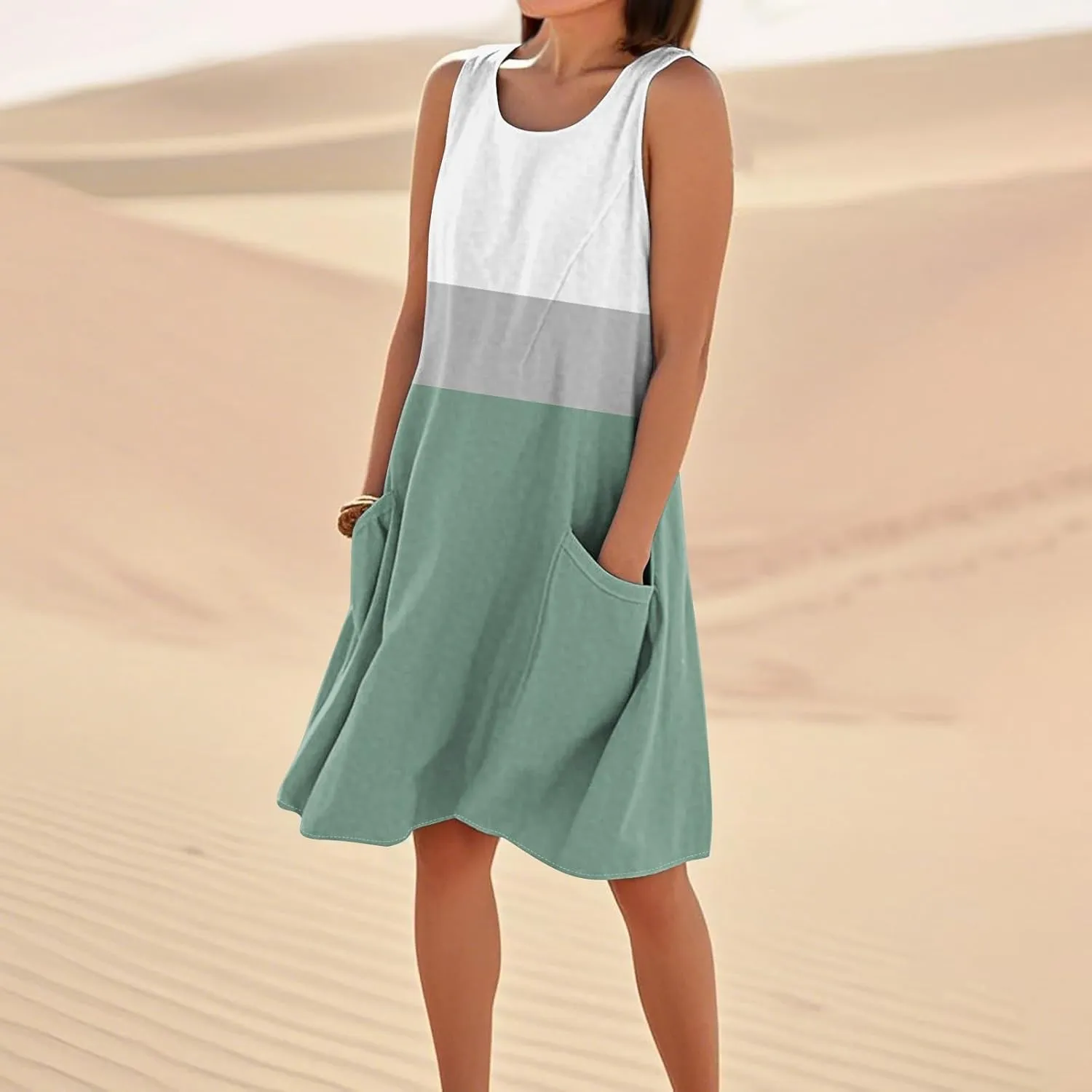 Summer Dresses for Women 2025 Crewneck Sleeveless Cotton Linen Tank Dress Beach Vacation Sundresses with Pockets