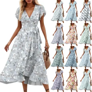Summer Dresses for Women 2025 Floral Wrap V Neck Midi Dresses Fashion Short Sleeve A Line Sundress Flowy Casual Dress