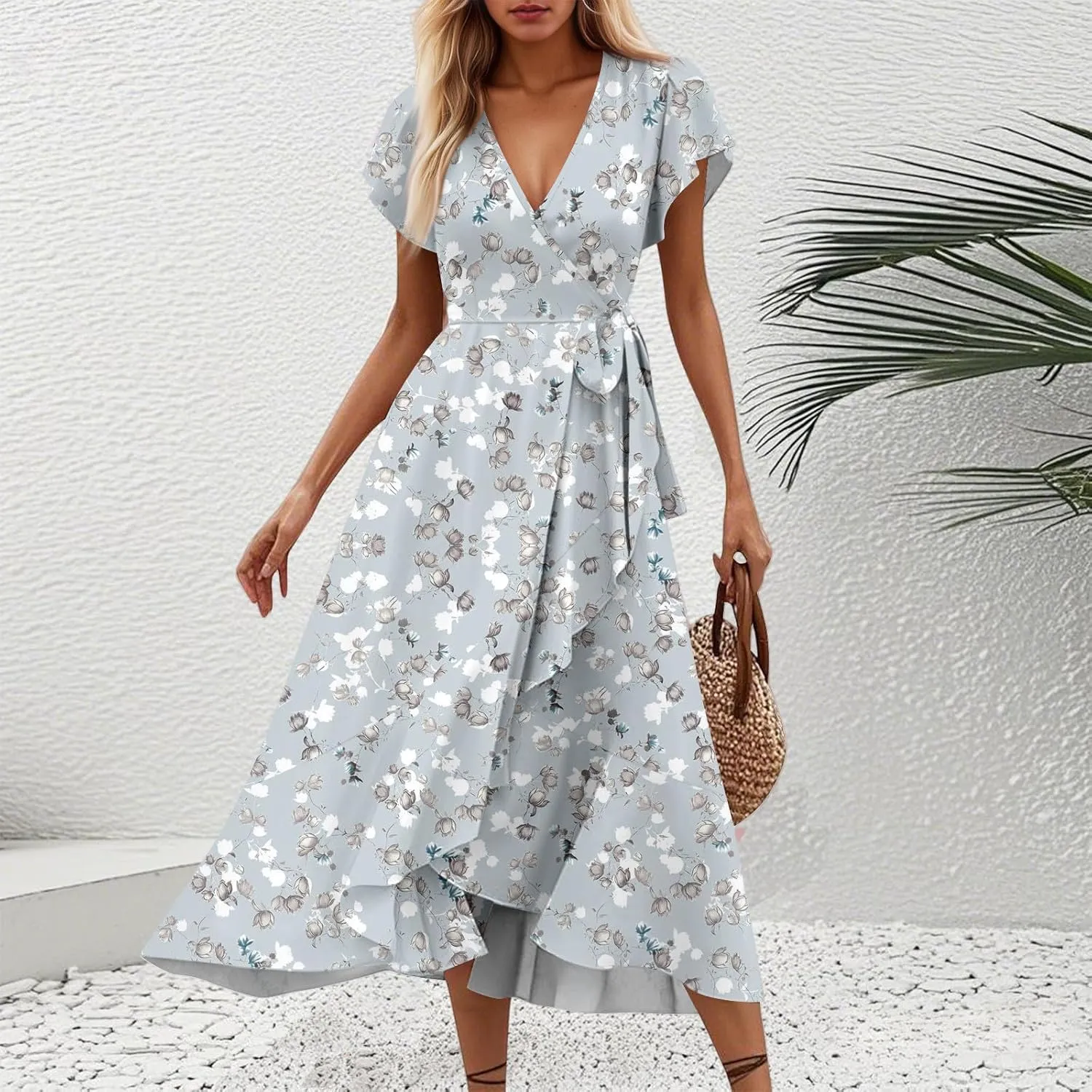 Summer Dresses for Women 2025 Floral Wrap V Neck Midi Dresses Fashion Short Sleeve A Line Sundress Flowy Casual Dress