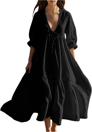 Summer Dresses for Women 2025 Flowy Trendy Casual Cotton Linen Dress Long Beach Vacation Short Sleeve Maxi Sundresses