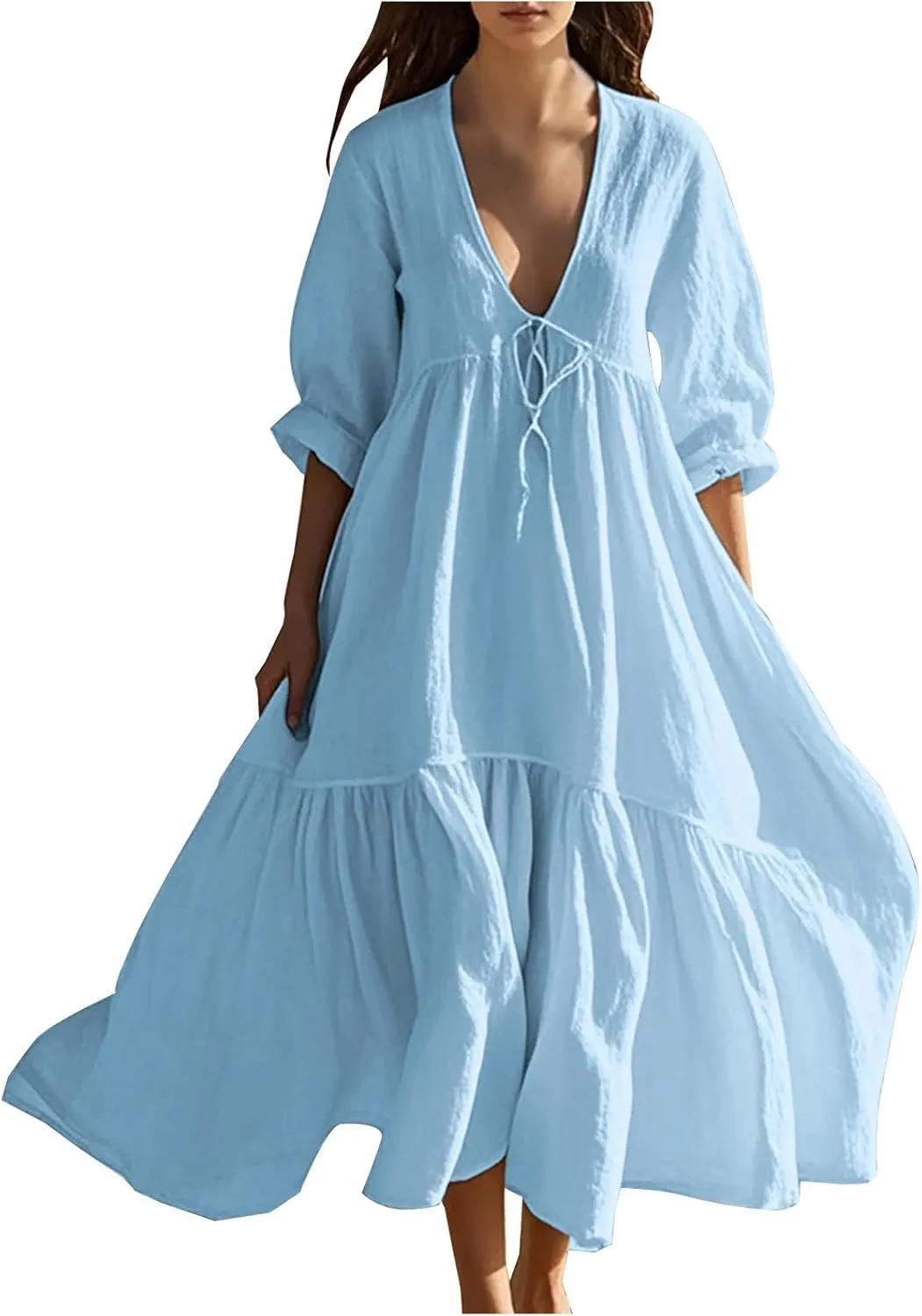 Summer Dresses for Women 2025 Flowy Trendy Casual Cotton Linen Dress Long Beach Vacation Short Sleeve Maxi Sundresses