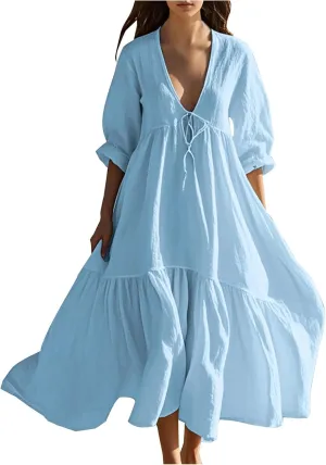 Summer Dresses for Women 2025 Flowy Trendy Casual Cotton Linen Dress Long Beach Vacation Short Sleeve Maxi Sundresses