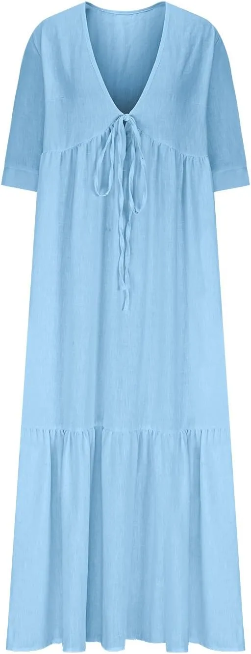 Summer Dresses for Women 2025 Flowy Trendy Casual Cotton Linen Dress Long Beach Vacation Short Sleeve Maxi Sundresses