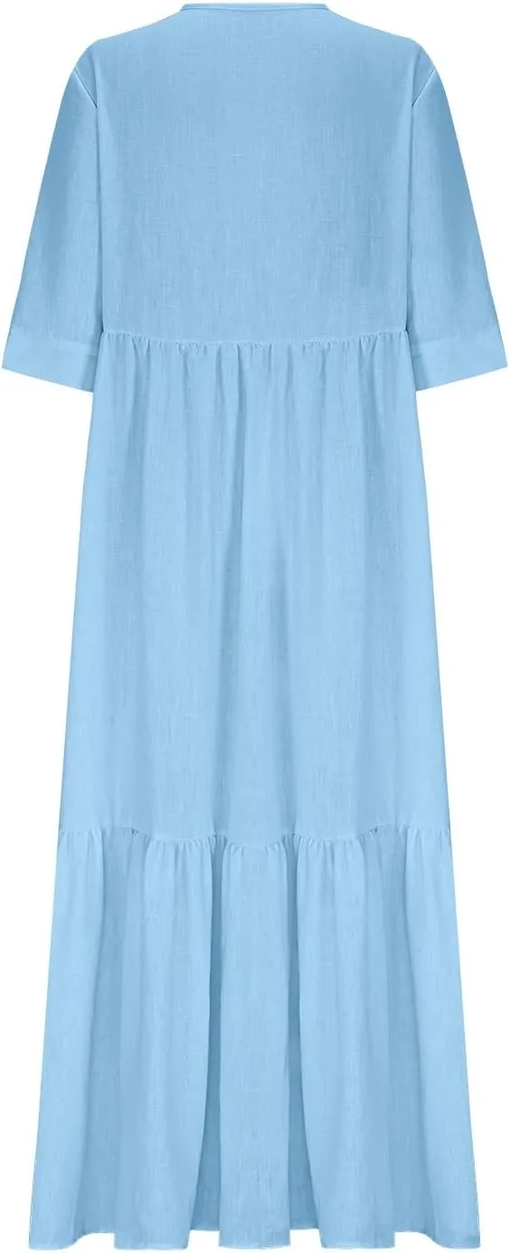 Summer Dresses for Women 2025 Flowy Trendy Casual Cotton Linen Dress Long Beach Vacation Short Sleeve Maxi Sundresses
