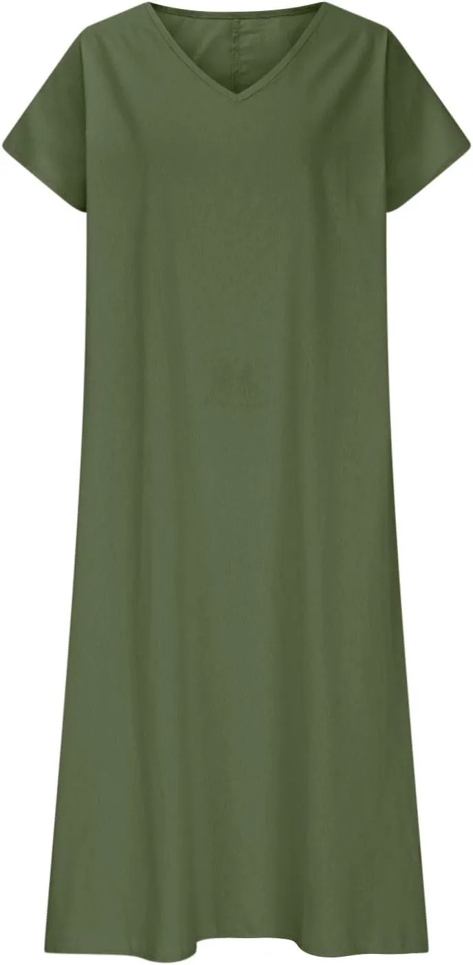 Summer Dresses for Women 2025 Linen V Neck Dress Casual Short Sleeve Dresses Flowy Beach Maxi Dress