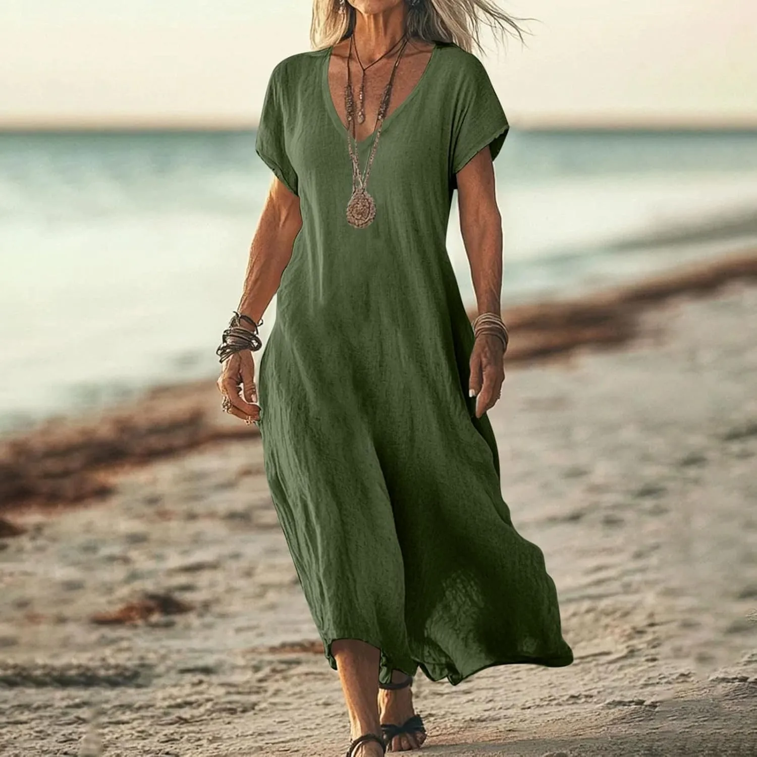 Summer Dresses for Women 2025 Linen V Neck Dress Casual Short Sleeve Dresses Flowy Beach Maxi Dress