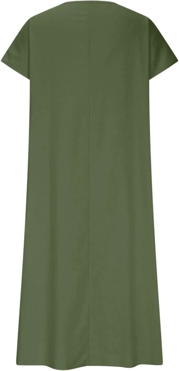 Summer Dresses for Women 2025 Linen V Neck Dress Casual Short Sleeve Dresses Flowy Beach Maxi Dress