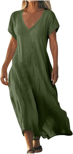 Summer Dresses for Women 2025 Linen V Neck Dress Casual Short Sleeve Dresses Flowy Beach Maxi Dress