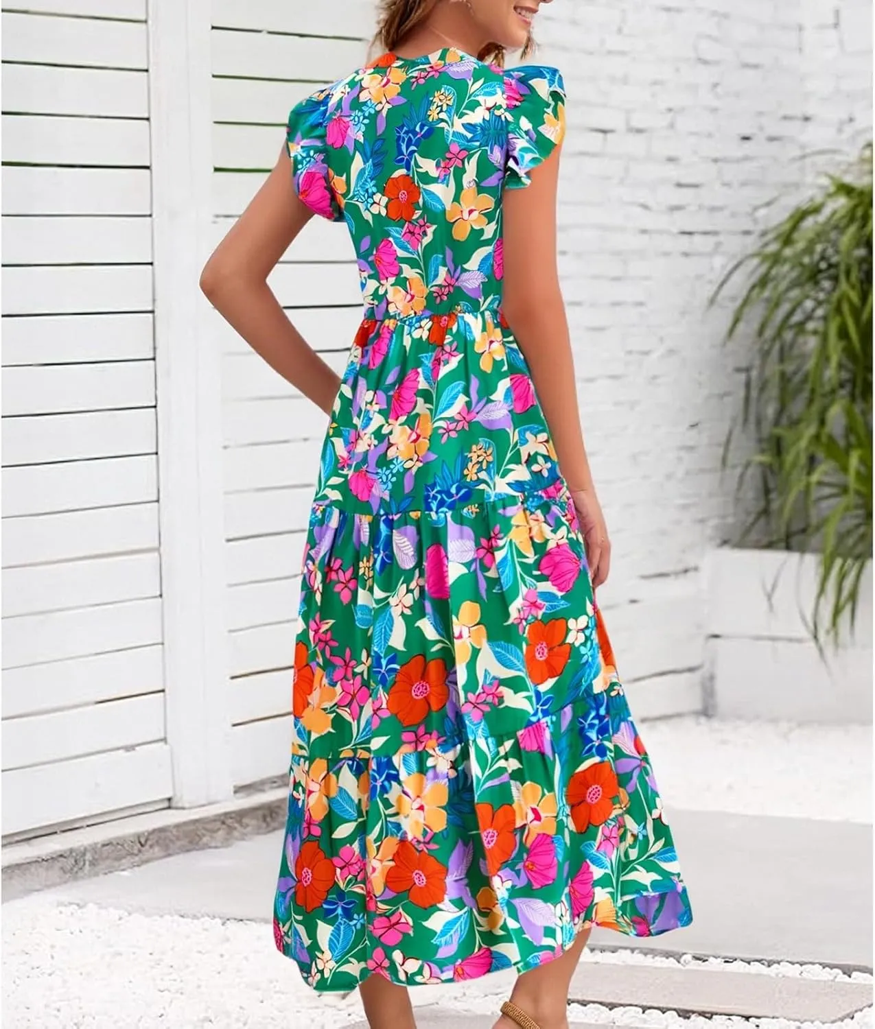 Summer Dresses for Women 2025 V Neck Cap Sleeve Floral Maxi Dress Flowy Tiered Ruffle Boho Dresses Beach Vacation Sundress