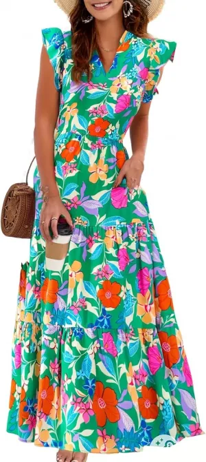 Summer Dresses for Women 2025 V Neck Cap Sleeve Floral Maxi Dress Flowy Tiered Ruffle Boho Dresses Beach Vacation Sundress