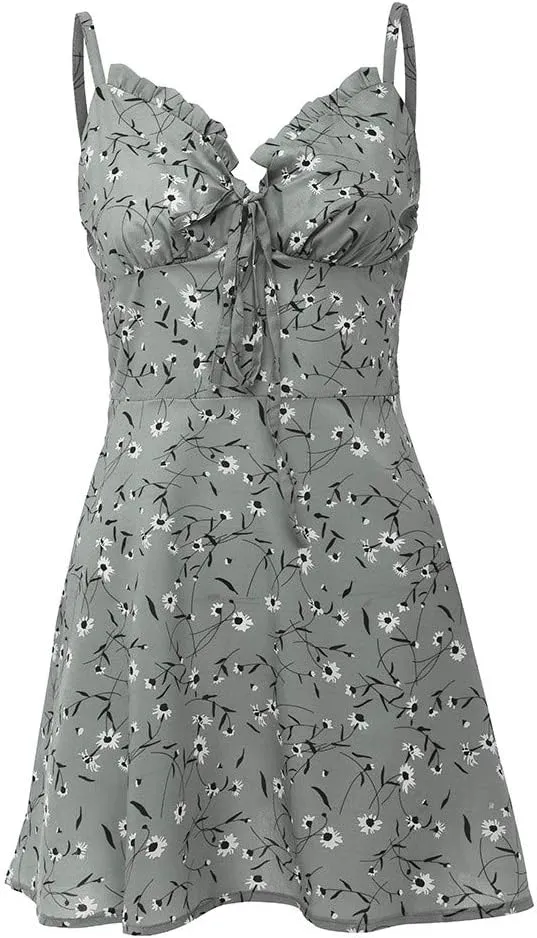 Summer Dresses for Women 2025 V-Neck Spaghetti Strap Bowknot Backless Sleeveless Lace Mini Swing Skater Dress