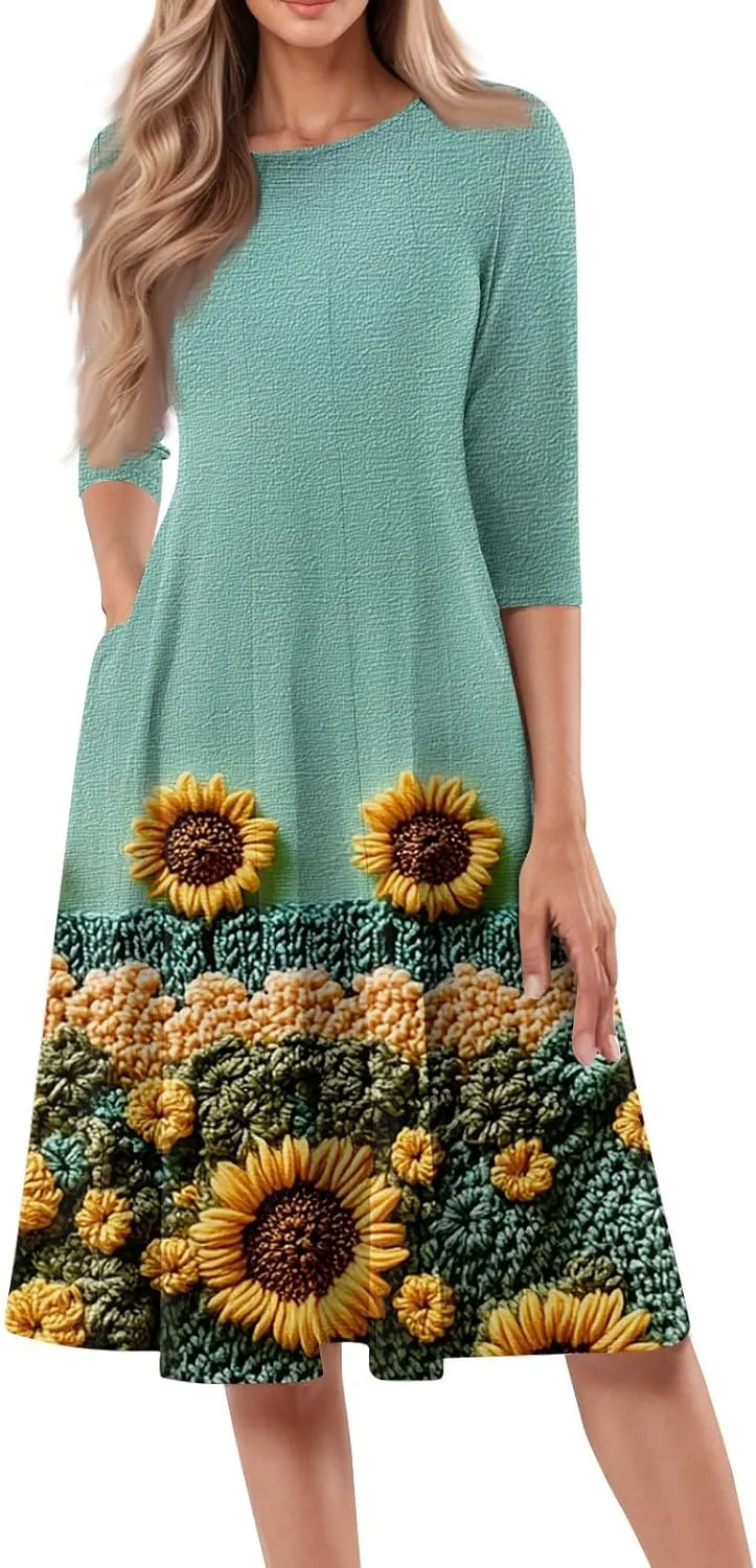 Summer Dresses for Women Aline Flowy Tshirt Dress Casual Floral 3/4 Sleeve Dress Beach Midi Dresses with Pockets