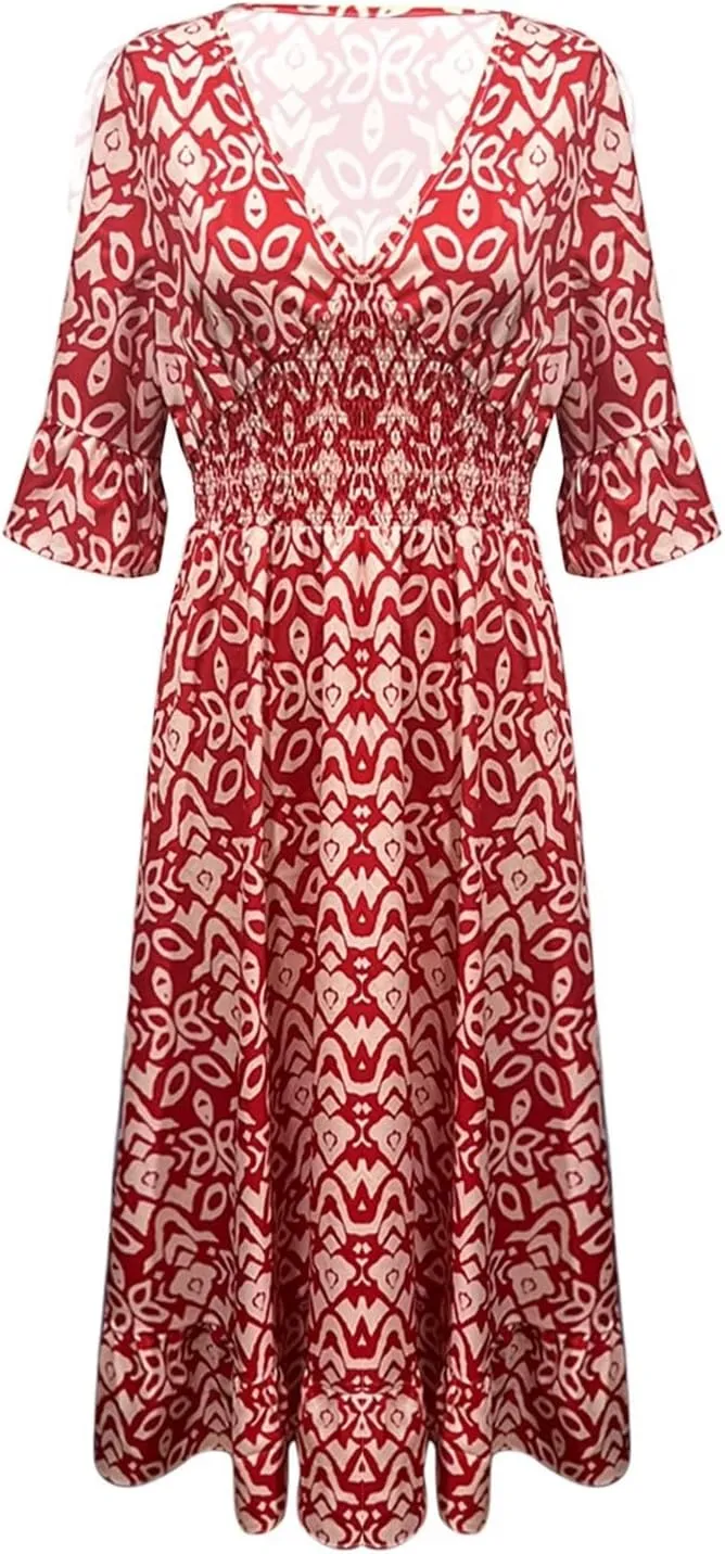 Summer Dresses for Women Boho Floral Print Dress 2025 Casual V Neck Bohemian Wrap 3/4 Sleeve High Waist Midi Dress