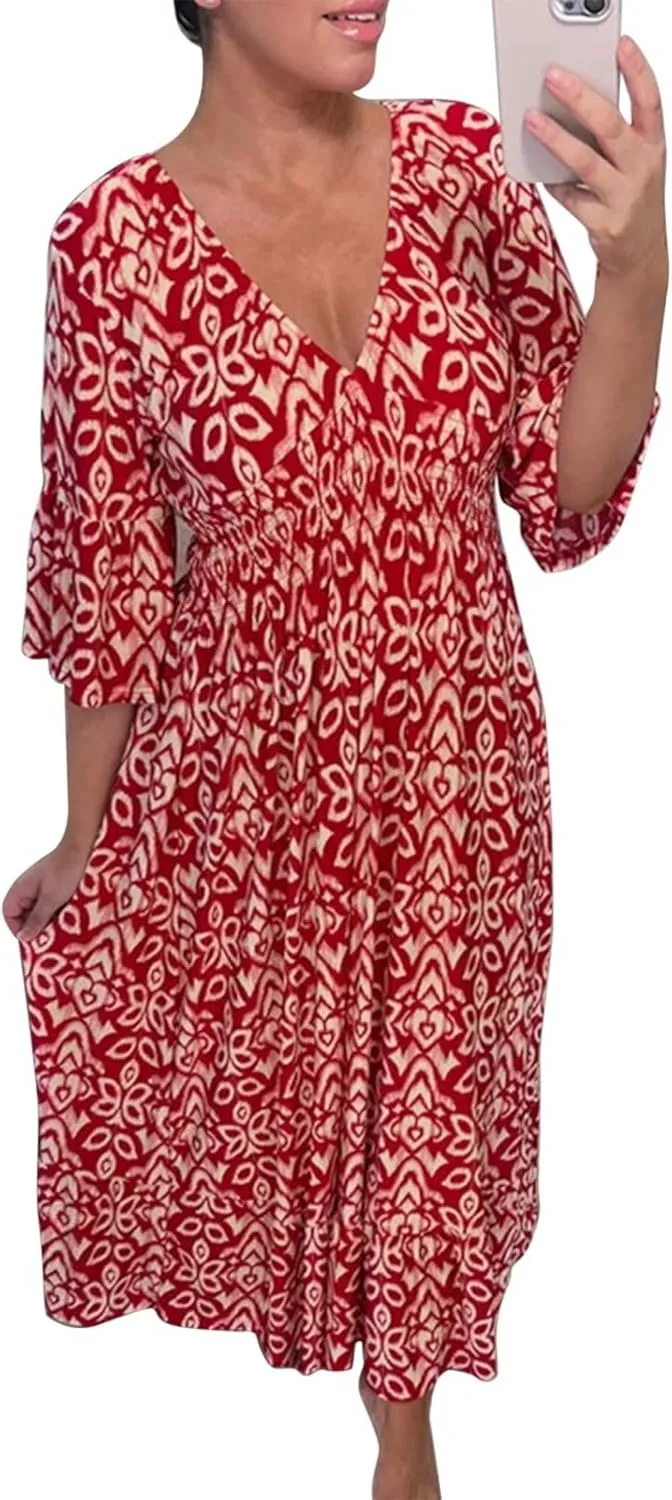 Summer Dresses for Women Boho Floral Print Dress 2025 Casual V Neck Bohemian Wrap 3/4 Sleeve High Waist Midi Dress