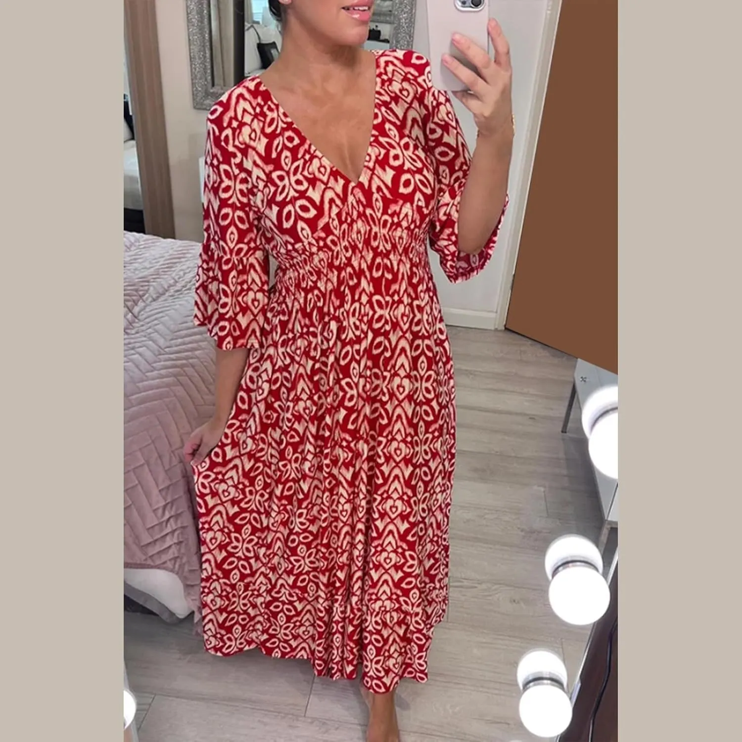 Summer Dresses for Women Boho Floral Print Dress 2025 Casual V Neck Bohemian Wrap 3/4 Sleeve High Waist Midi Dress
