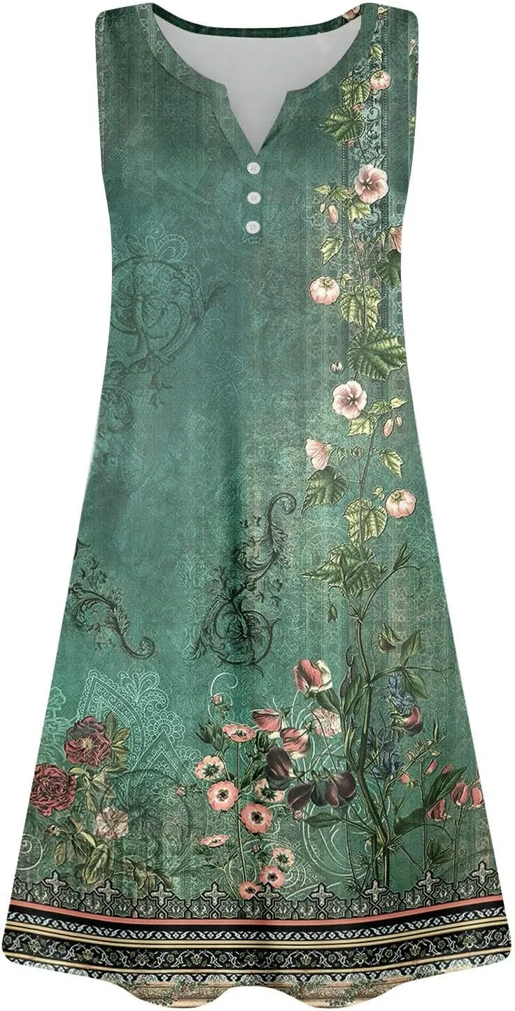 Summer Dresses for Women Casual Sleeveless Maxi Dresses Cute Floral Dress Wedding Guest Dress for Daily Traveling