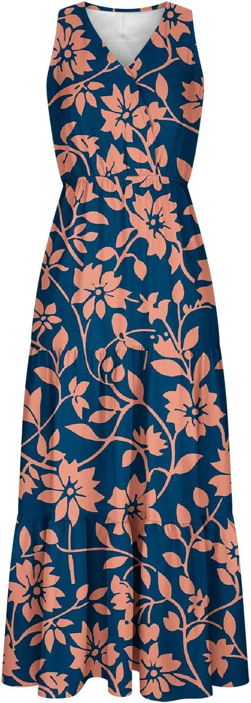 Summer Floral Dresses for Women Casual Flowy Dress Sleeveless V Neck Maxi Dress Trendy Boho Summer Beach Sun Dress