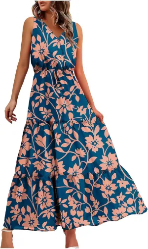 Summer Floral Dresses for Women Casual Flowy Dress Sleeveless V Neck Maxi Dress Trendy Boho Summer Beach Sun Dress