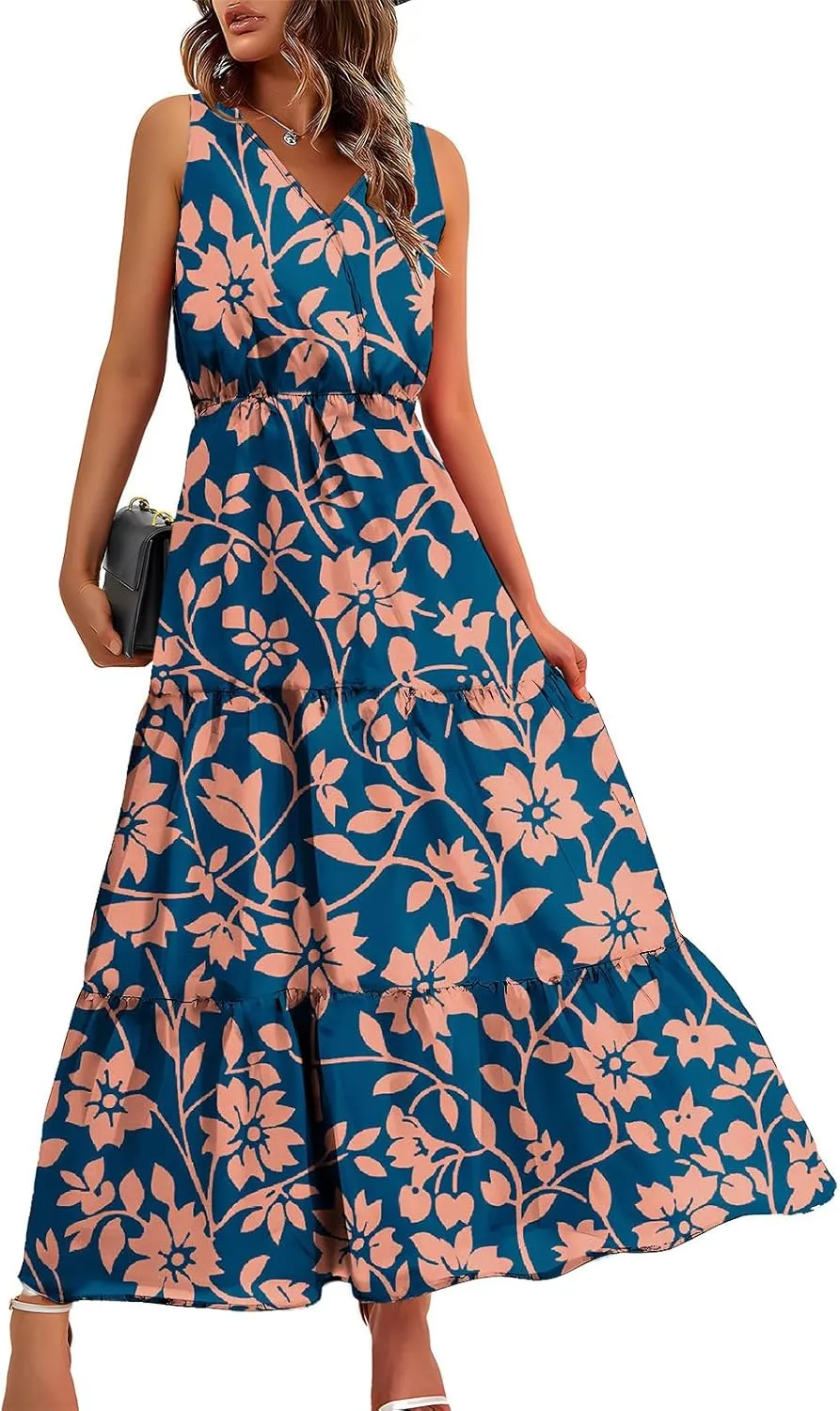 Summer Floral Dresses for Women Casual Flowy Dress Sleeveless V Neck Maxi Dress Trendy Boho Summer Beach Sun Dress