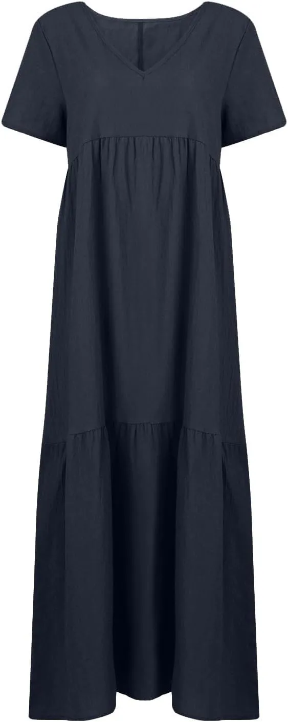 Summer Maxi Linen Dresses for Women 2025 Plus Size Short Sleeve V Neck Long Flowy Smocked Tiered Beach Dress Frocks